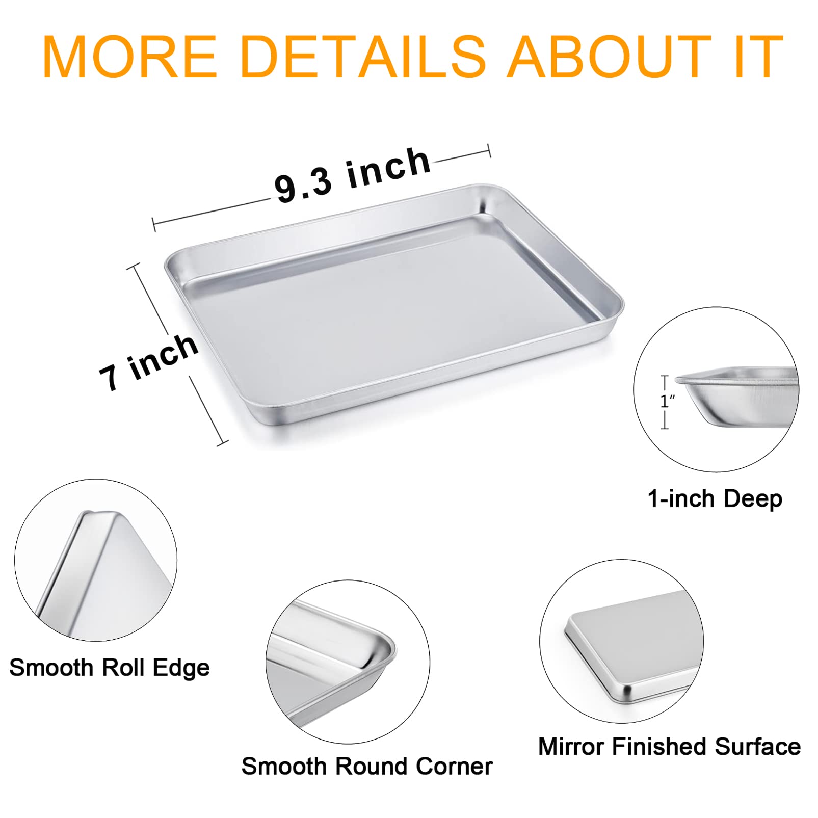 TeamFar Pure Stainless Steel Toaster Oven Pan Tray Ovenware, 7''x9.3''x1'', Heavy Duty & Healthy, Mirror Finish & Easy clean, Deep Edge, Dishwasher Safe (18/0 Steel)