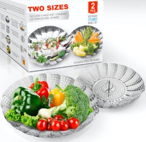 two-pack vegetable steamer baskets (two sizes) folding expandable steamer inserts for instant pot accessories, safety tool, stainless steel, pressure cooker, pot in pot, food steamer cooking
