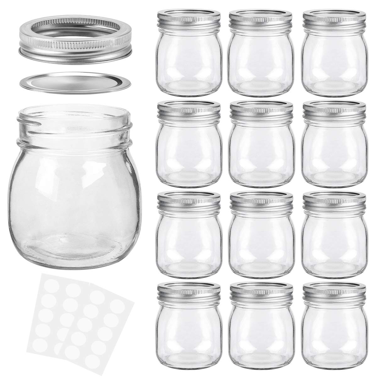 KAMOTA Mason Jars 10 oz With Regular Lids and Bands, Ideal for Jam, Honey, Wedding Favors, Shower Favors,DIY Spice Jars, 12 PACK, 20 Whiteboard Labels Included