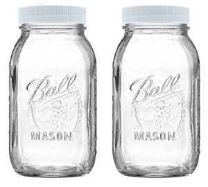 regular mouth mason jars 32 oz - (2 pack) - ball regular mouth 32-ounces quart mason jars with white m.e.m food storage plastic lids, caps fit ball and kerr regular mouth - for storage, freezing, leak
