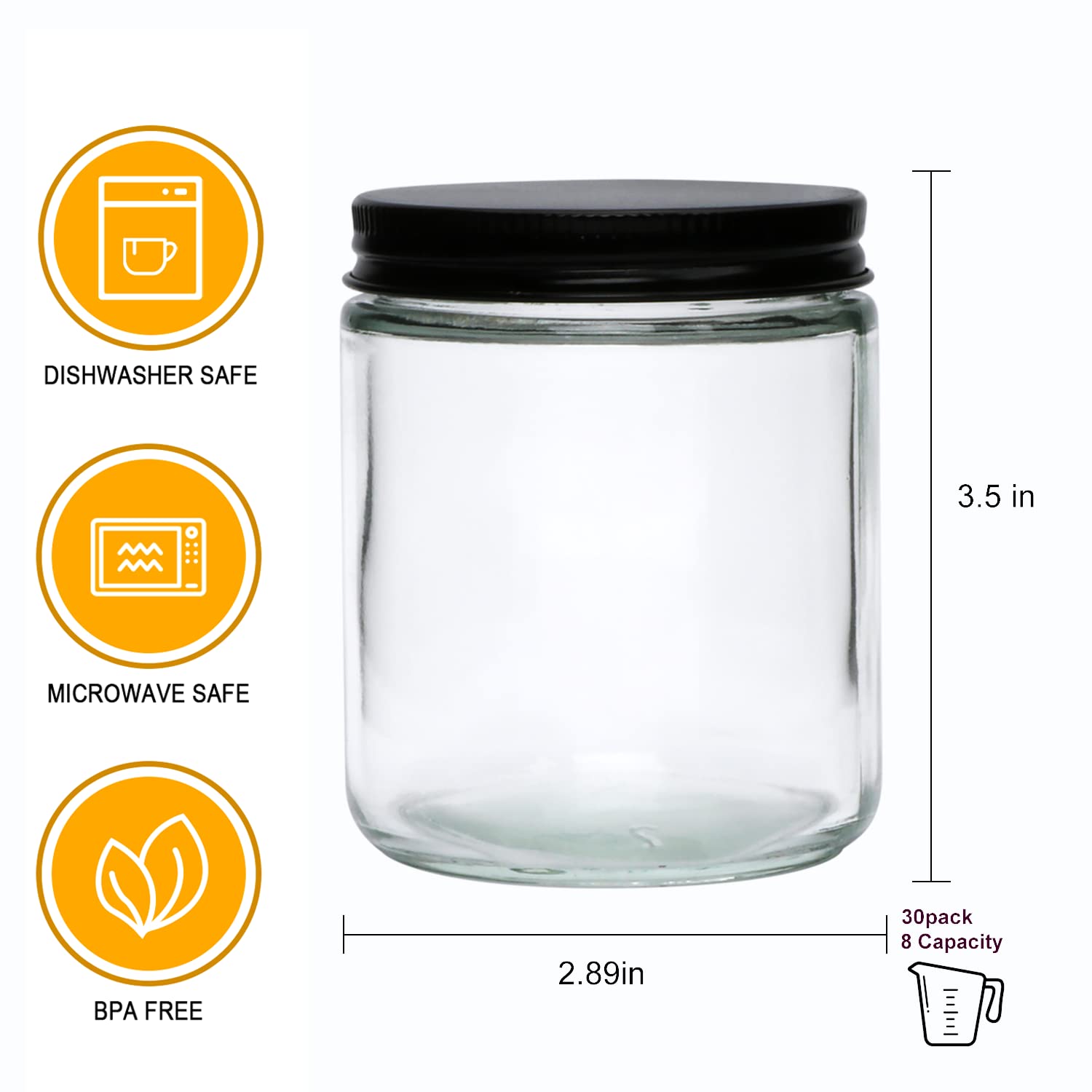 Encheng 8 OZ Glass Jars with Metal Lids,Clear Round Empty Candle Jars with Airtight Lids,Small Mason Canning Jars for Food,Candle,Honey,Candy,30 Pack.