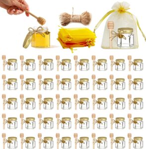 adabocute 40-count 1.5 oz mini hexagonal glass honey jars - small with wooden dippers, bee charms, gold gift bags and jutes lids for baby shower, wedding party favors