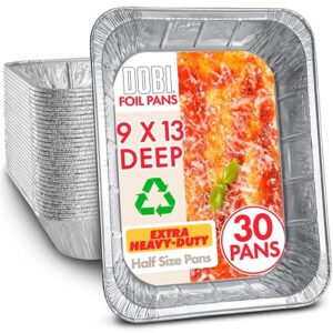 aluminum pans 9x13 (30-pack) - extra heavy duty - durable deep half-size disposable foil tins for grilling, baking, cooking, roasting, freezing, serving food & lining steam-table trays/chafers
