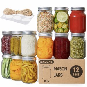 skoche mason jars 16 oz with airtight lids and bands, 12 pack pint clear glass regular mouth canning jars, ideal for pickling, fermenting, diy decors, fruit preserves, jam or jelly, 12 labels