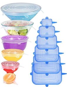 [12pack] longzon silicone stretch lids 6 clear round 6 blue rectangle, magic lids reusable food covers for bowls, cups, cans, fit different sizes & shapes of container, dishwasher & freezer safe