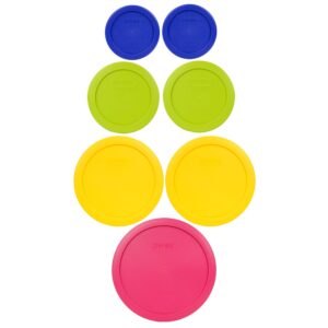 pyrex (1) 7402-pc 6/7 cup fuchsia, (2) 7201-pc 4 cup meyer yellow, (2) 7200-pc 2 cup green edamame, & (2) 7202-pc 1 cup cadet blue plastic food storage lids, made in usa