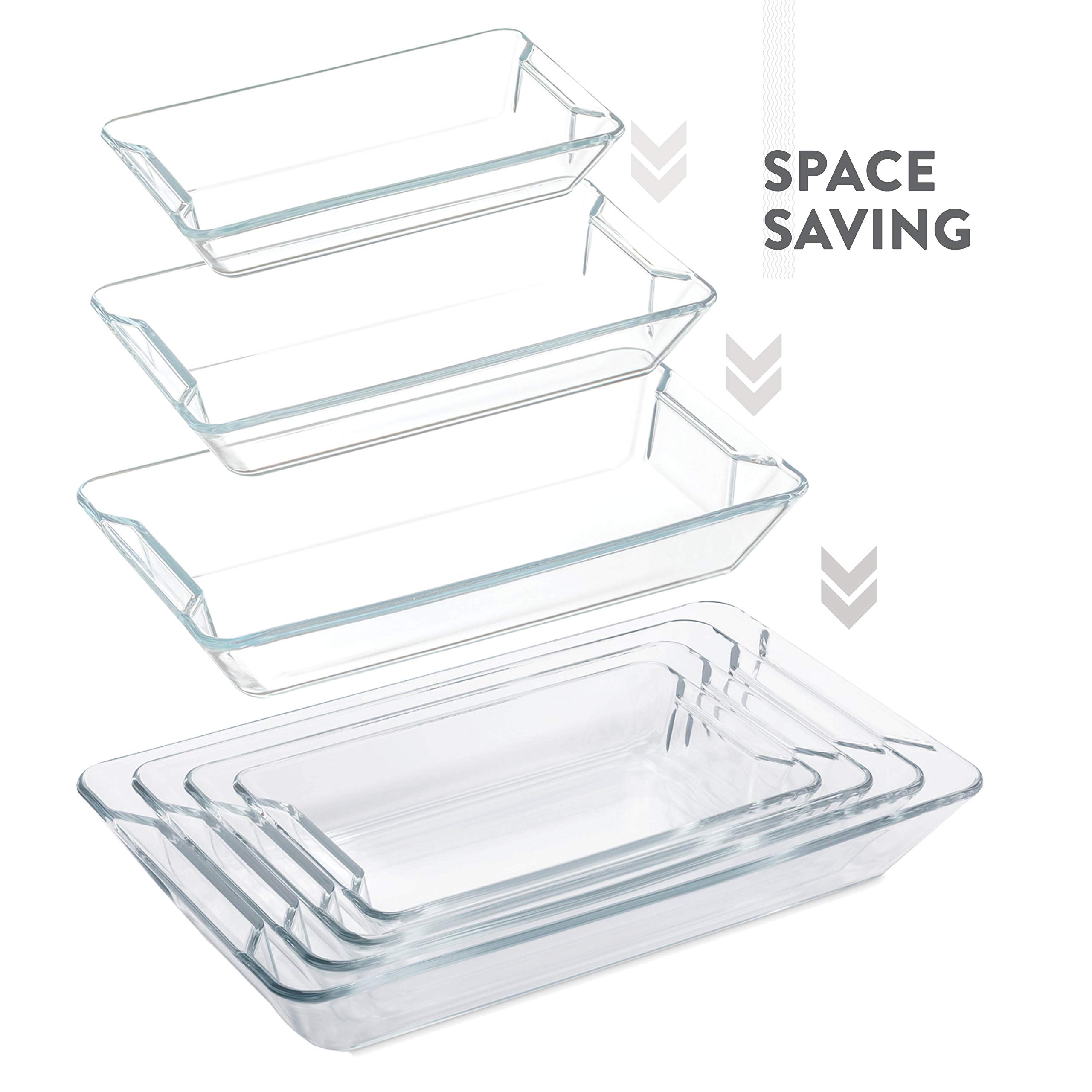 4-Piece Rectangular Glass Casserole Dish Set - Modern Design, Grip Handles, Nesting Storage