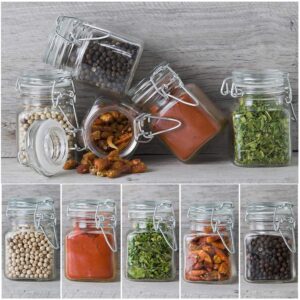 SPANLA Spice Jars, 12 Pack 4oz Small Glass Jars with Airtight Hinged Lid, With 12 Spice Labels & Silicone Funnels, Airtight Glass Jars for Spices, Art Craft Storage (12 Pack)