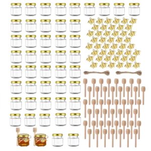 GIVAMEIHF Mini Glass Honey jars with Lids-1.5oz,48 pack Hexagon Honey Jars,Small Honey Jars with Dipper,Thank You Tags,Jutes Rope,Empty Glass Jars for Jams,Baby Shower, Wedding Favors, Party Favors