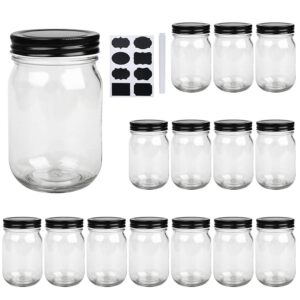 qappda 16 oz glass jars with lids, wide mouth ball mason jars,glass storage jars for food,canning jars for pickles,herb,jelly,jams,honey,kitchen canisters dishware safe 15 pack