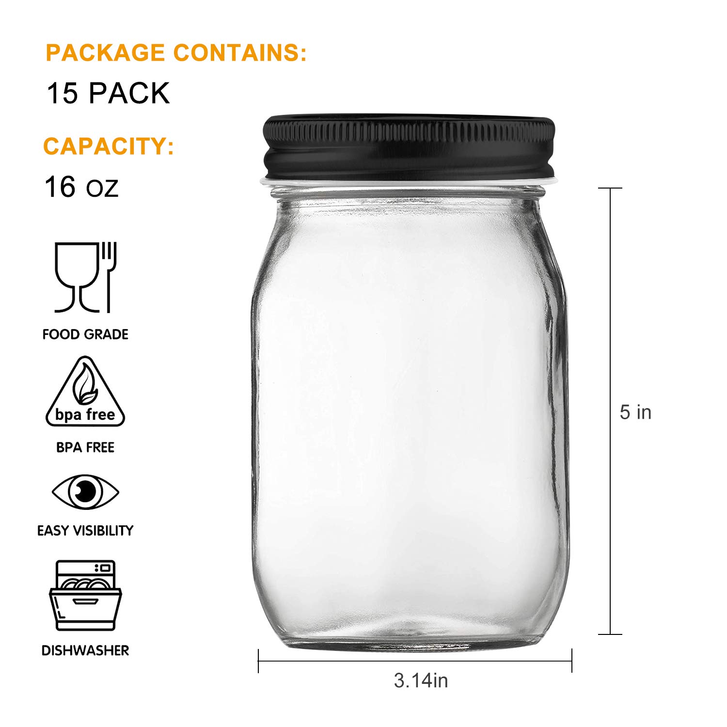 QAPPDA 16 oz Glass Jars With Lids, Wide Mouth Ball Mason Jars,Glass Storage Jars For Food,Canning Jars For Pickles,Herb,Jelly,Jams,Honey,Kitchen Canisters Dishware Safe 15 Pack