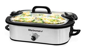 elite gourmet mst-5240ss crock slow cooker, locking lid adjustable temperature keep warm oven & dishwasher-safe casserole pan, 3.5qt capacity, stainless steel