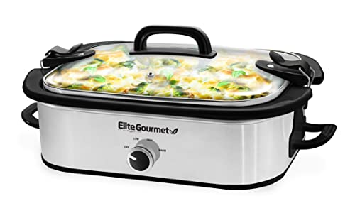 Elite Gourmet MST-5240SS Crock Slow Cooker, Locking Lid Adjustable Temperature Keep Warm Oven & Dishwasher-Safe Casserole Pan, 3.5Qt Capacity, Stainless Steel