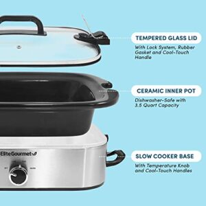 Elite Gourmet MST-5240SS Crock Slow Cooker, Locking Lid Adjustable Temperature Keep Warm Oven & Dishwasher-Safe Casserole Pan, 3.5Qt Capacity, Stainless Steel