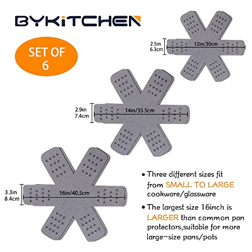 BYKITCHEN Pan and Pot Protectors, Larger & Thicker Pan Protectors with Stars, Set of 6 and 3 Different Sizes, Pot Protectors for Stacking and Protecting Your Cookware