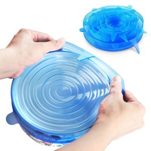 yazjiwan silicone stretch lids, durable & eco-friendly elastic lids reusable heat resistant various sizes cover for bowl (blue-6pack)