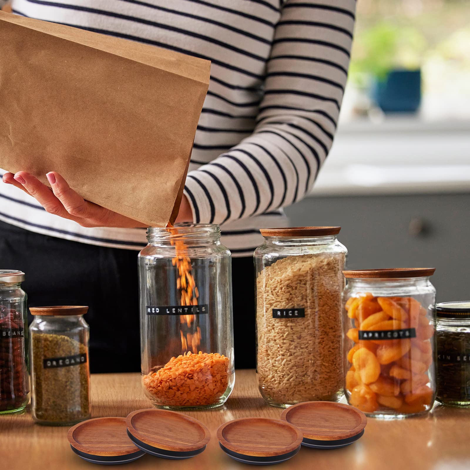 12Pack Regular Mouth Mason Jar Lids - Acacia Wooden Storage, Canning Ball Jar with Airtight Silicone Seal, Brown.