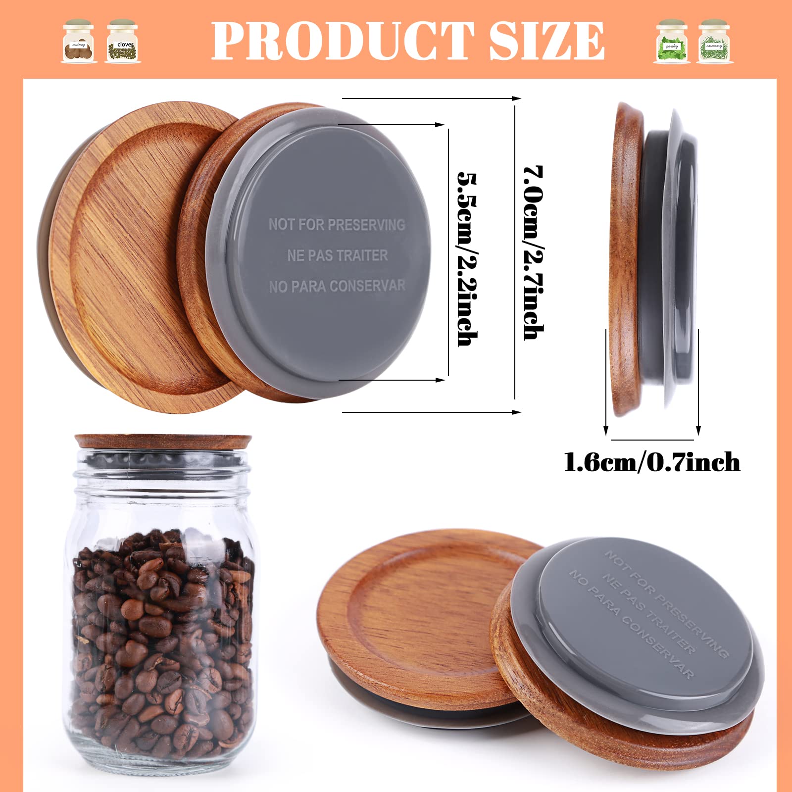 12Pack Regular Mouth Mason Jar Lids - Acacia Wooden Storage, Canning Ball Jar with Airtight Silicone Seal, Brown.