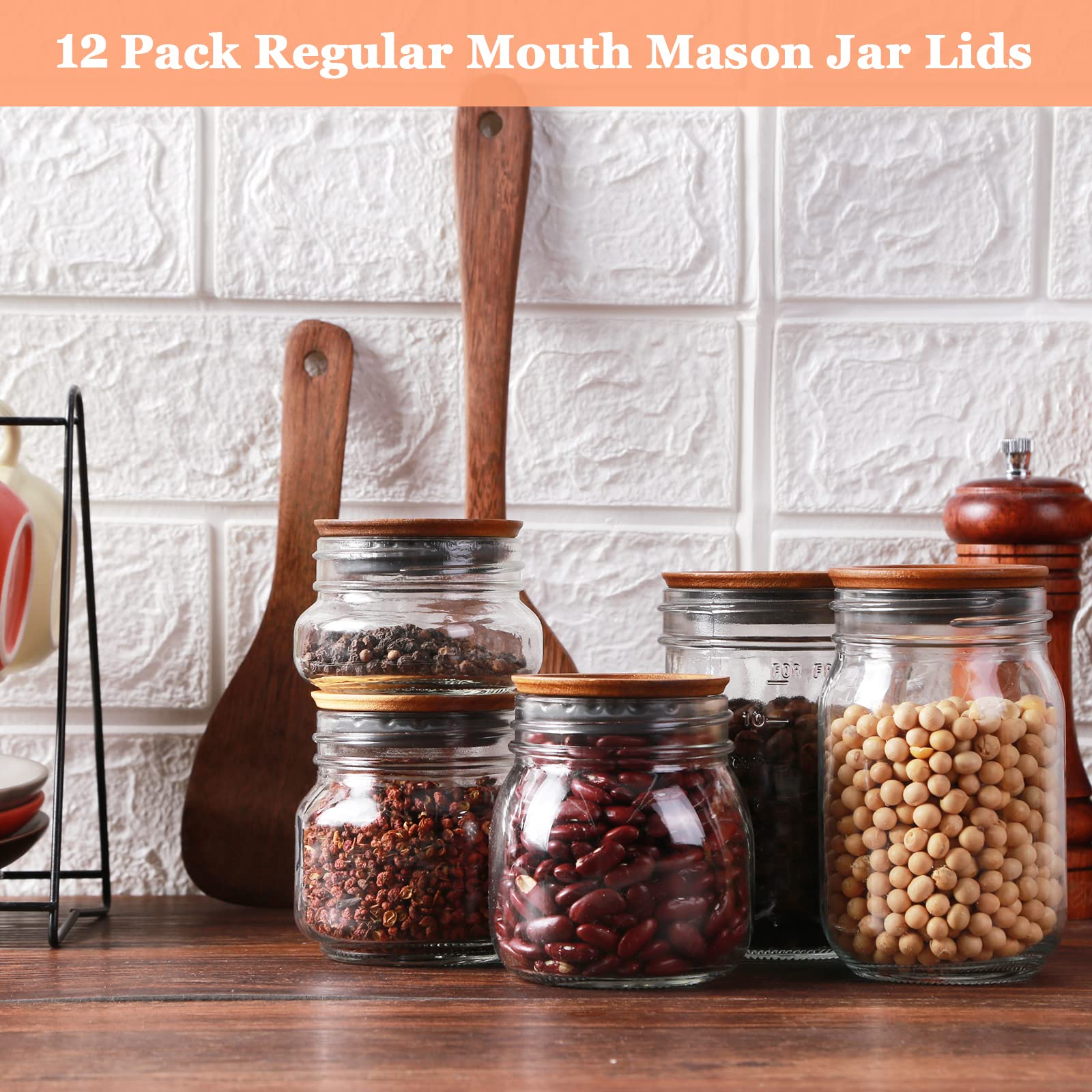 12Pack Regular Mouth Mason Jar Lids - Acacia Wooden Storage, Canning Ball Jar with Airtight Silicone Seal, Brown.