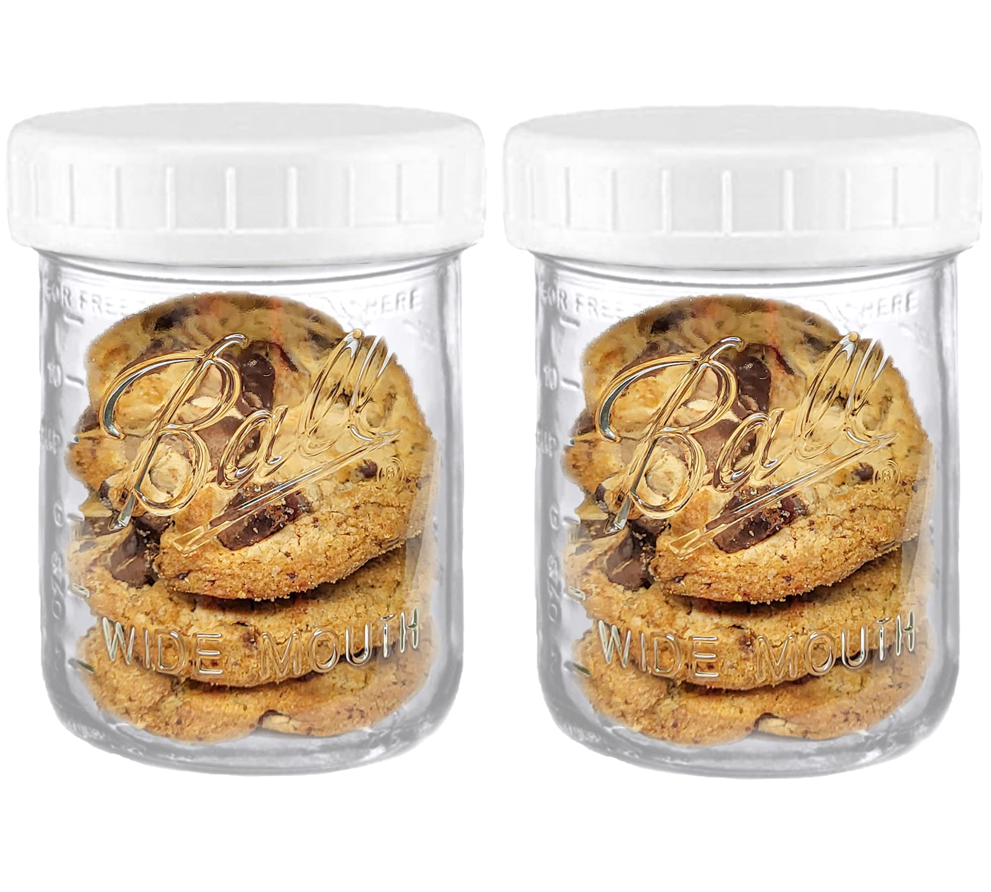 Wide Mouth Mason Jars 16 oz - (2 Pack) - Ball Wide Mouth 16-Ounces Pint Mason Jars with White M.E.M Food Storage Plastic Lids, Caps Fit Ball and Kerr Wide Mouth - For Storage, Freezing, Leak Proof,