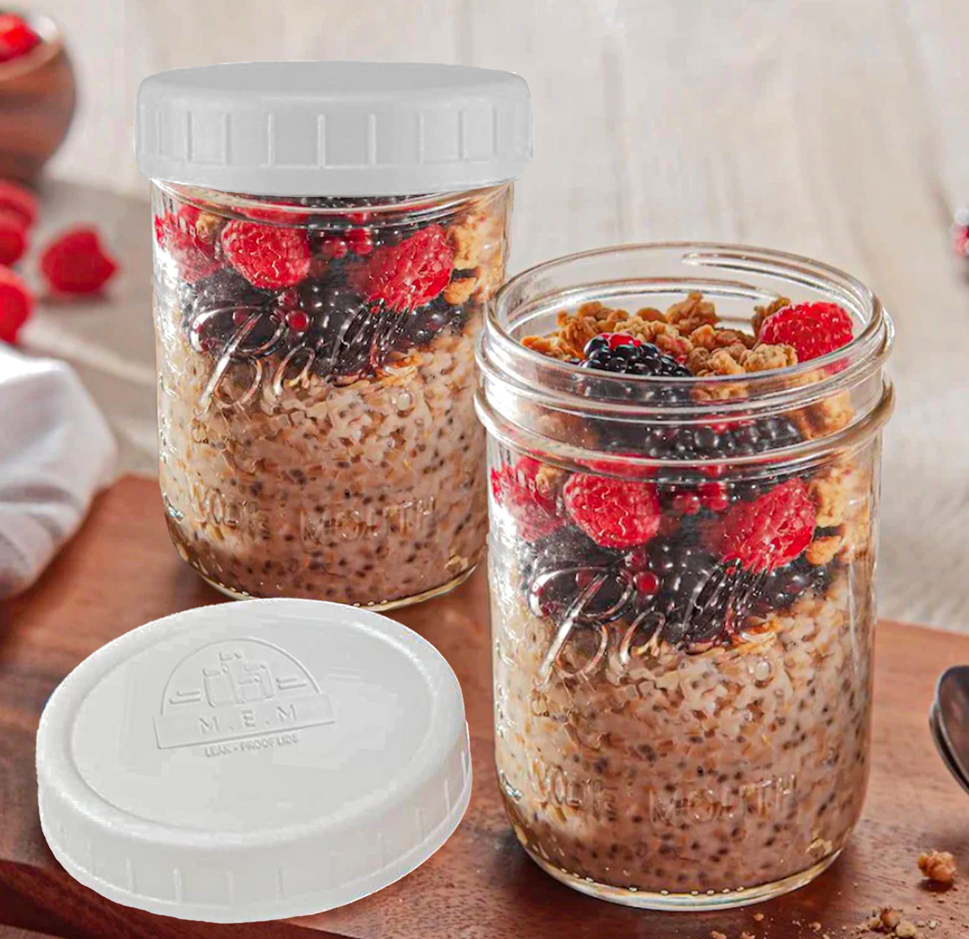 Wide Mouth Mason Jars 16 oz - (2 Pack) - Ball Wide Mouth 16-Ounces Pint Mason Jars with White M.E.M Food Storage Plastic Lids, Caps Fit Ball and Kerr Wide Mouth - For Storage, Freezing, Leak Proof,