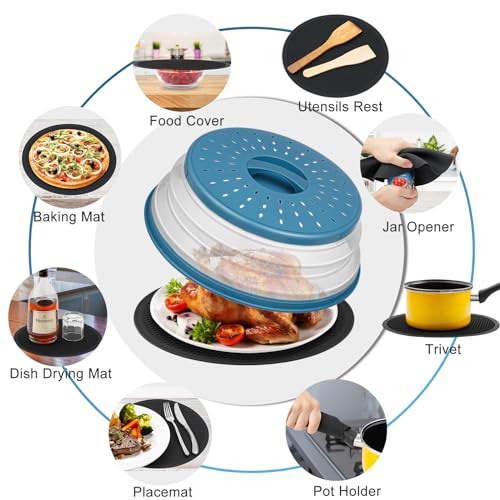 2 in 1,WENWELL Microwave Splatter Cover for Food & Mat, Vented Collapsible Kitchen dish bowl Plate lid Can be Hung, Easy to Shake Hands,Drainer Basket,BPA-Free Silicone & Plastic