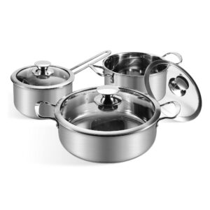 stainless steel cookware set, 6-piece pots and pans set, works with induction, electric and gas cooktops, oven safe, stay-cool handle