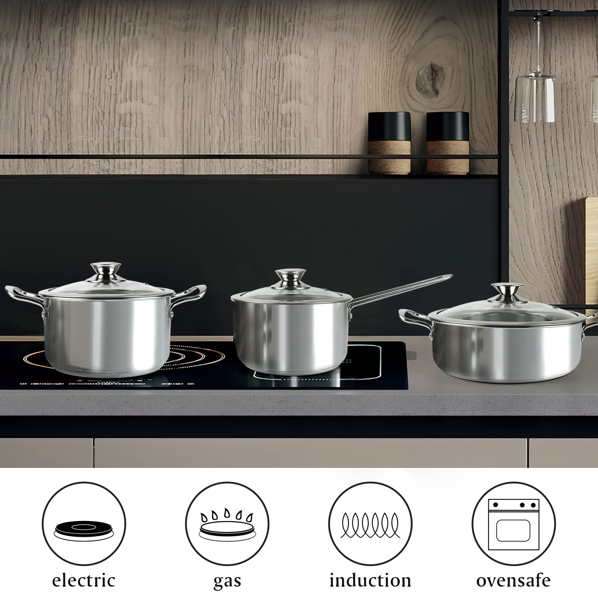 Stainless Steel Cookware Set, 6-Piece pots and pans set, Works with Induction, Electric and Gas Cooktops, Oven Safe, Stay-Cool Handle