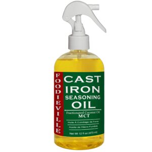 cast iron oil non-stick conditioner for seasoning skillets,griddles, bbq grill, flat top grills, dutch ovens with oils of flax, sesame, and mct, 12 fl. oz. foodieville by creation farm