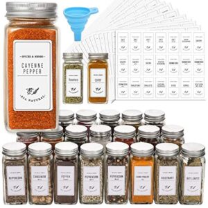 aozita 36 pcs glass spice jars with white printed spice labels - 4oz empty square spice bottles - shaker lids and airtight metal caps - silicone collapsible funnel