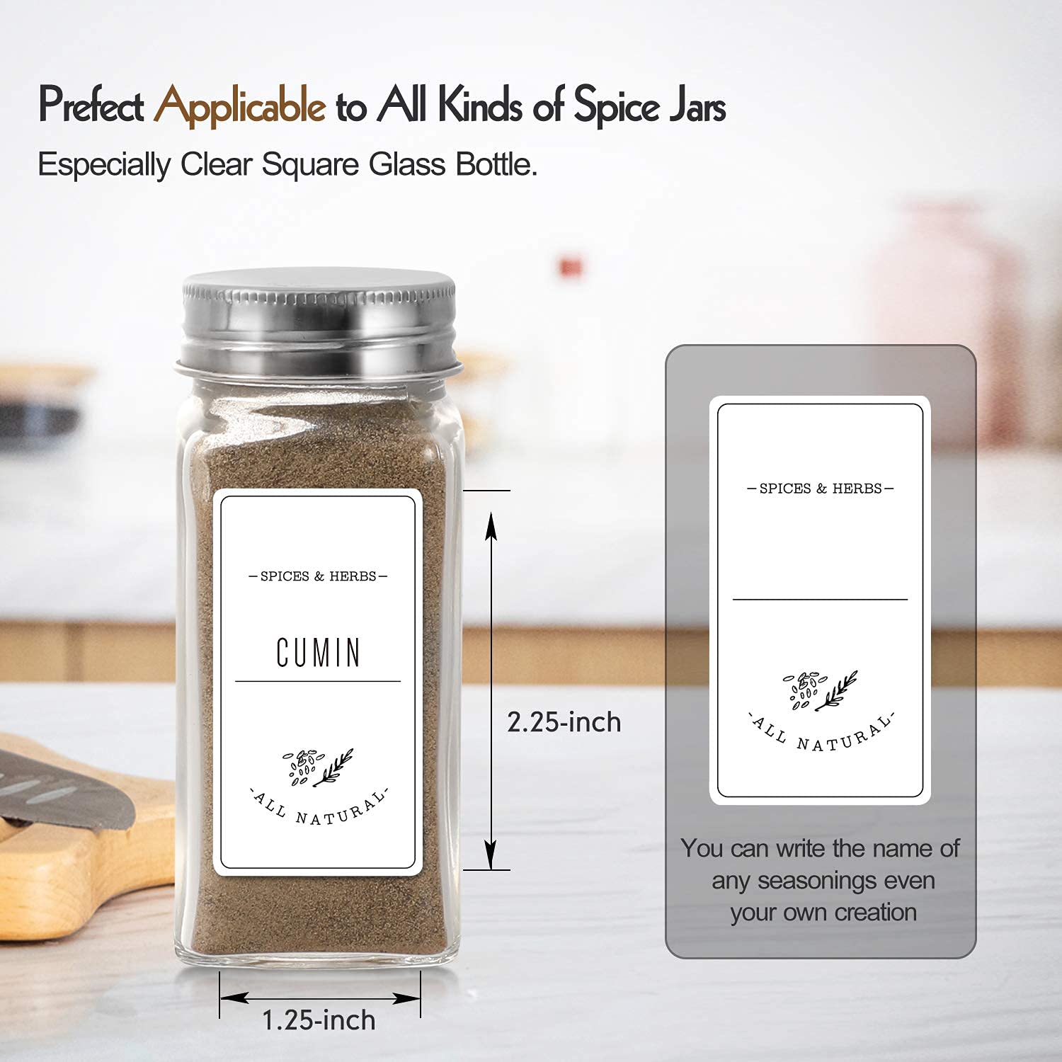 AOZITA 36 Pcs Glass Spice Jars with White Printed Spice Labels - 4oz Empty Square Spice Bottles - Shaker Lids and Airtight Metal Caps - Silicone Collapsible Funnel