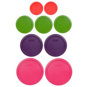 pyrex 9 item bundle: (2) 7402-pc fuschia pink lids, (2) 7201-pc purple lids, (3) 7200-pc lawn green lids, (2) 7202-pc red lids made in the usa