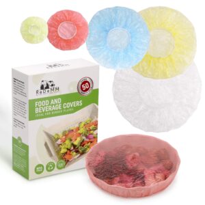 redemm 50 reusable elastic food bowl storage covers - variety of 5 translucent stretchable sizes and colors - alternative to foil - plastic wrap- clingwrap - bpa free - microwave safe for leftovers
