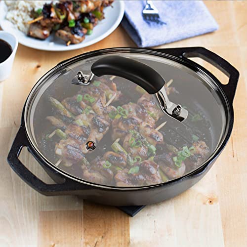 WishDirect 12 Inch Tempered Glass Pot Lid Compatible with 12” Lodge Cast Iron Skillets and 7 Quart Dutch Ovens - Designed with Steam Vent Hole and Heat Resistant Handle