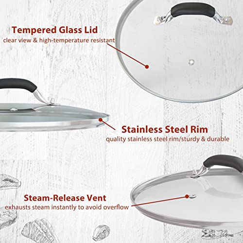 WishDirect 12 Inch Tempered Glass Pot Lid Compatible with 12” Lodge Cast Iron Skillets and 7 Quart Dutch Ovens - Designed with Steam Vent Hole and Heat Resistant Handle