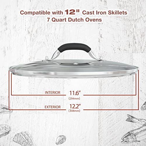 WishDirect 12 Inch Tempered Glass Pot Lid Compatible with 12” Lodge Cast Iron Skillets and 7 Quart Dutch Ovens - Designed with Steam Vent Hole and Heat Resistant Handle