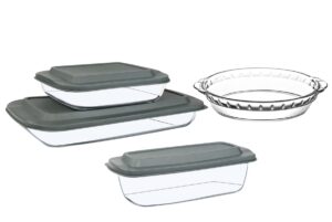 7-piece glass bakeware set, baking dishes, glass loaf pan with lids, glass pie plate, 9x13 roasting pan, square pan, fridge-to-oven-friendly