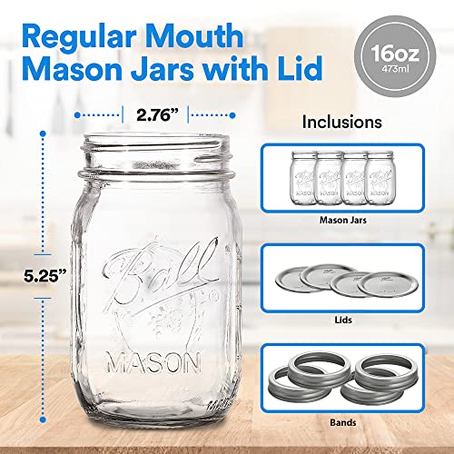 Regular Mouth Mason Jars 16 oz. (4 Pack) - Pint Size Jars with Airtight Lids and Bands for Canning, Fermenting, Pickling, Meal Prep, or DIY Decors and Projects Bundled with Jar Opener