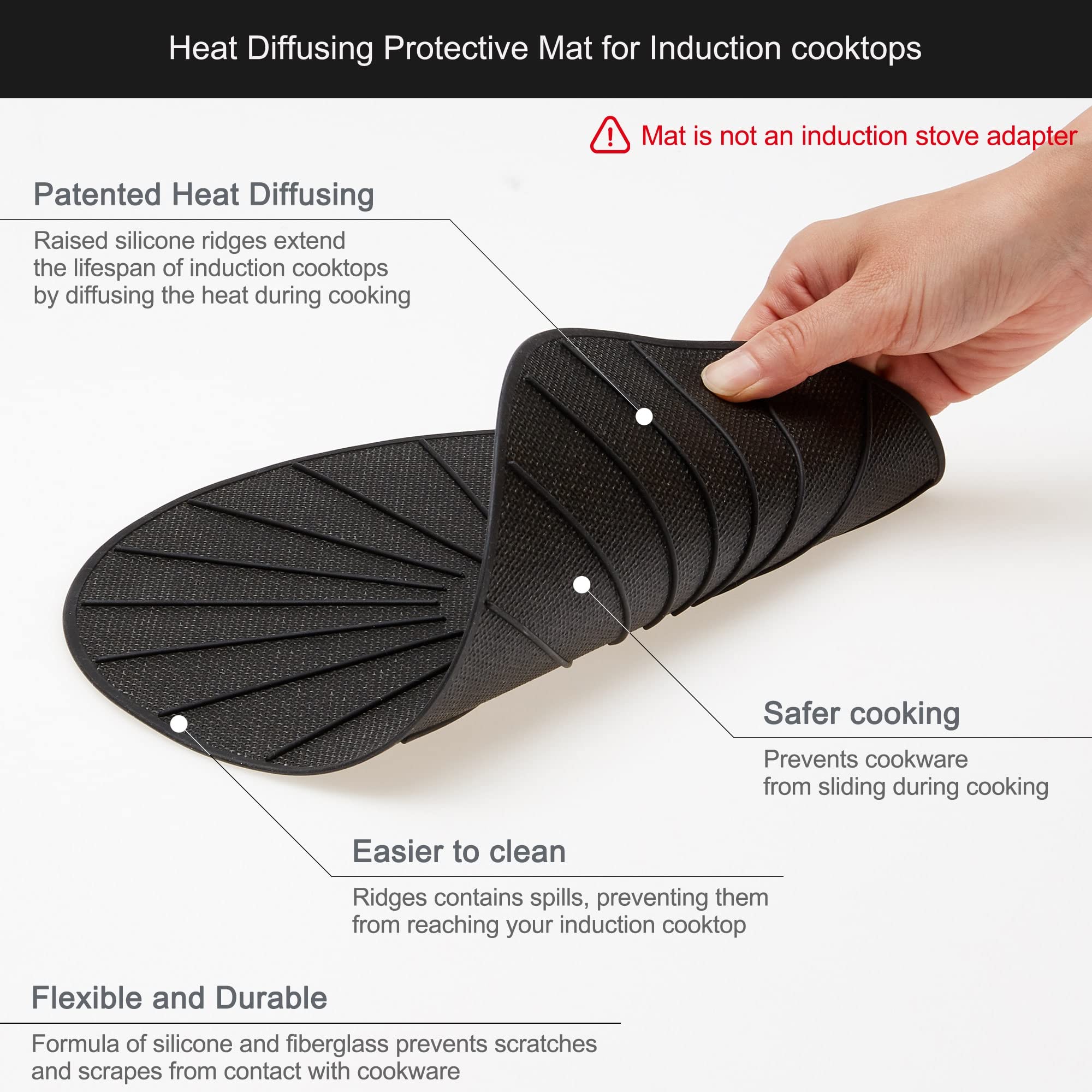 Lazy K Induction Cooktop Mat - Silicone Fiberglass Scratch Protector - for Magnetic Stove - Non Slip Pads to Prevent Pots from Sliding During Cooking_ Black (11inches)