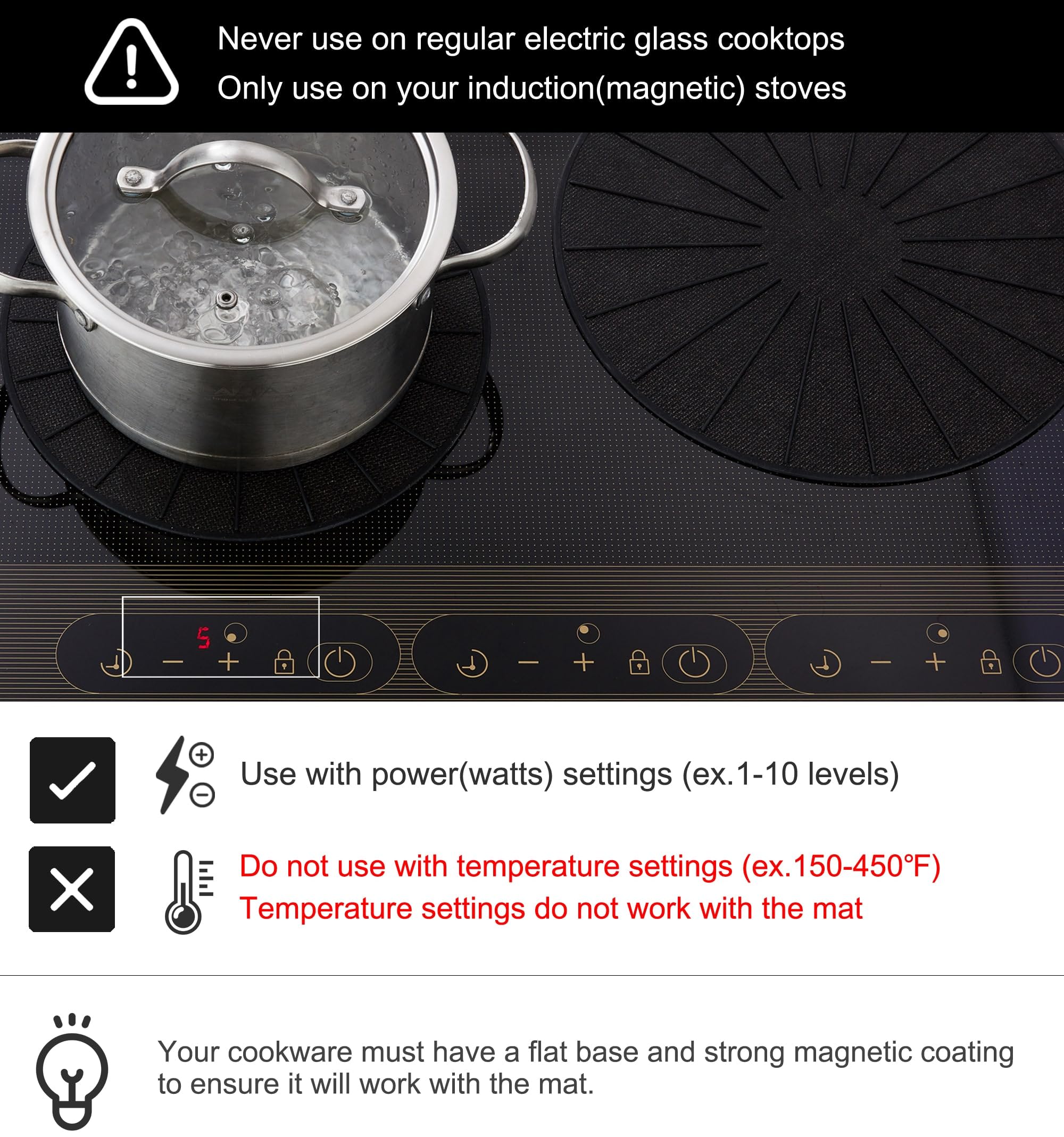 Lazy K Induction Cooktop Mat - Silicone Fiberglass Scratch Protector - for Magnetic Stove - Non Slip Pads to Prevent Pots from Sliding During Cooking_ Black (11inches)