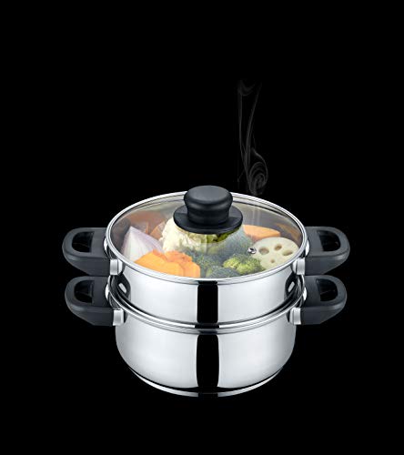 CONCORD 3 Quart Stainless Steel 3 Piece Steamer Cookware Set. Features 2 Quart Veggie Steamer and 3 Quart Cooking Pot with tempered glass lid. (INDUCTION COMPATIBLE)