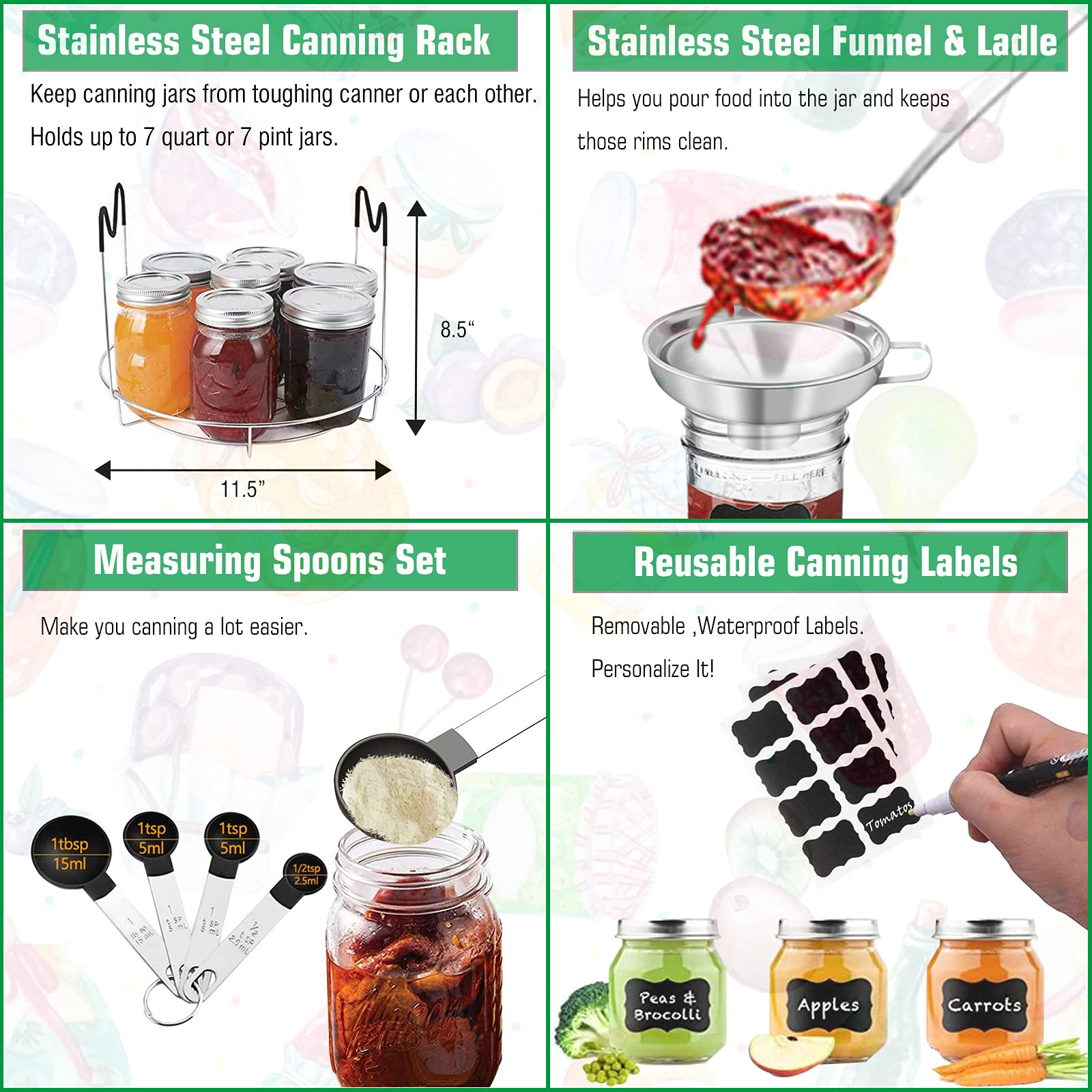 Canning Supplies Starter Kit, Stainless Steel Canning Set Tools: Rack, Ladle, Measuring Spoons, Funnel, Tongs, Jar Lifter, Lid Lifter & Accessories for Canner/Pot, Beginner, Home Canning Kit - Black