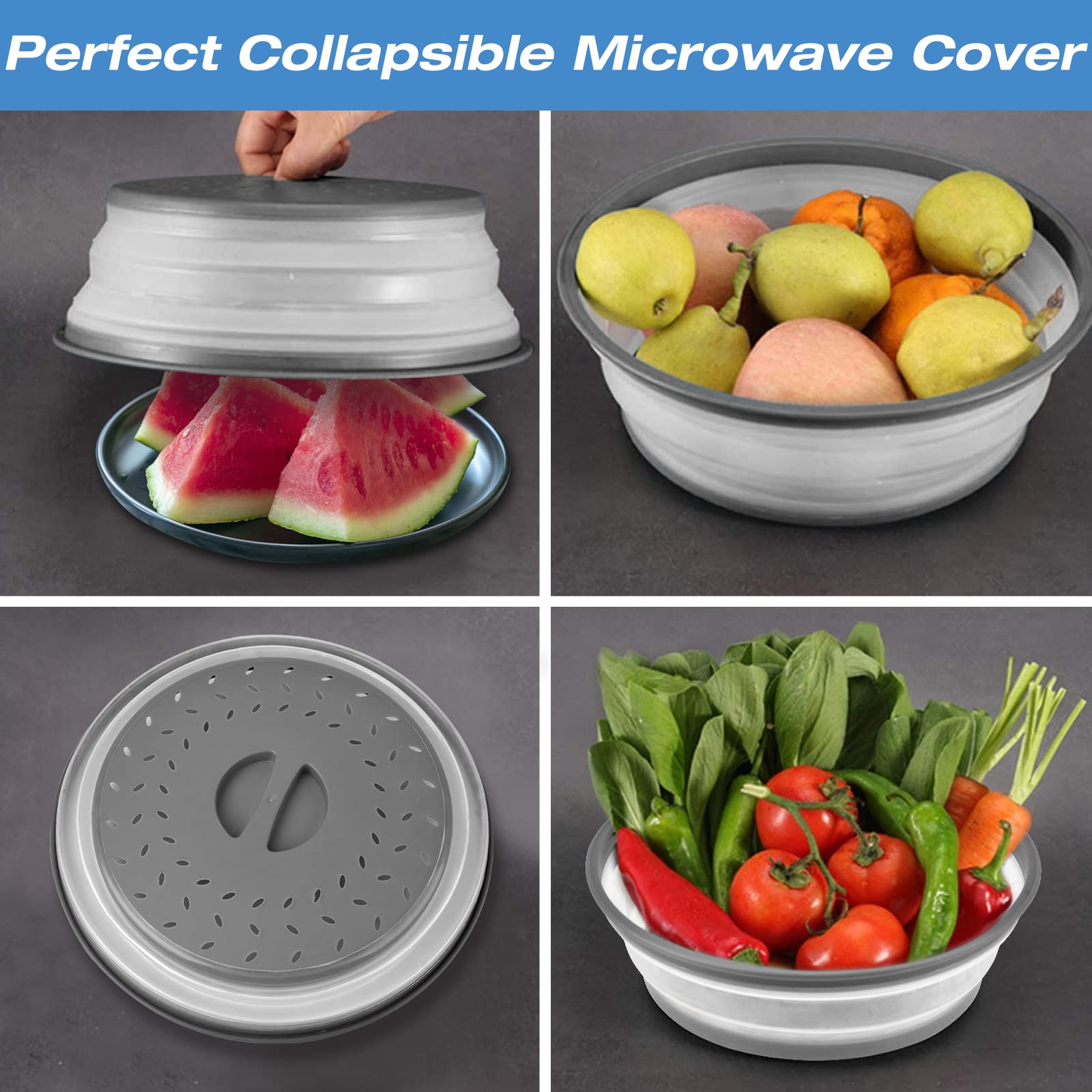 2 Pack Collapsible Microwave Cover Splatter Proof Food Plate, 10.5 inch Round With Grip Handle, Kitchen Gadgets Dishwasher Safe and BPA Free