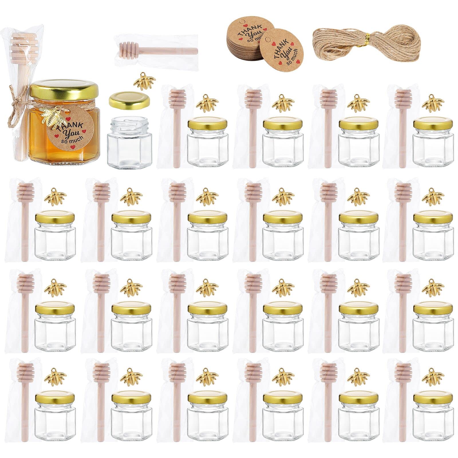 XING-RUIYANG Mini Honey Jars- with Wooden Dipper， 1.5 oz Hexagon Glass Mason Jars with Golden Lids, Gold Bee Pendants, Decorative Jute for Wedding, small hang tags-Baby Shower, Party Favors (24)