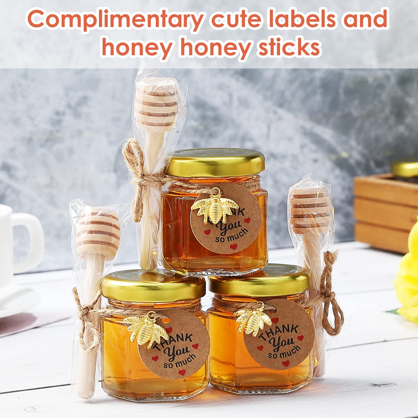 XING-RUIYANG Mini Honey Jars- with Wooden Dipper， 1.5 oz Hexagon Glass Mason Jars with Golden Lids, Gold Bee Pendants, Decorative Jute for Wedding, small hang tags-Baby Shower, Party Favors (24)