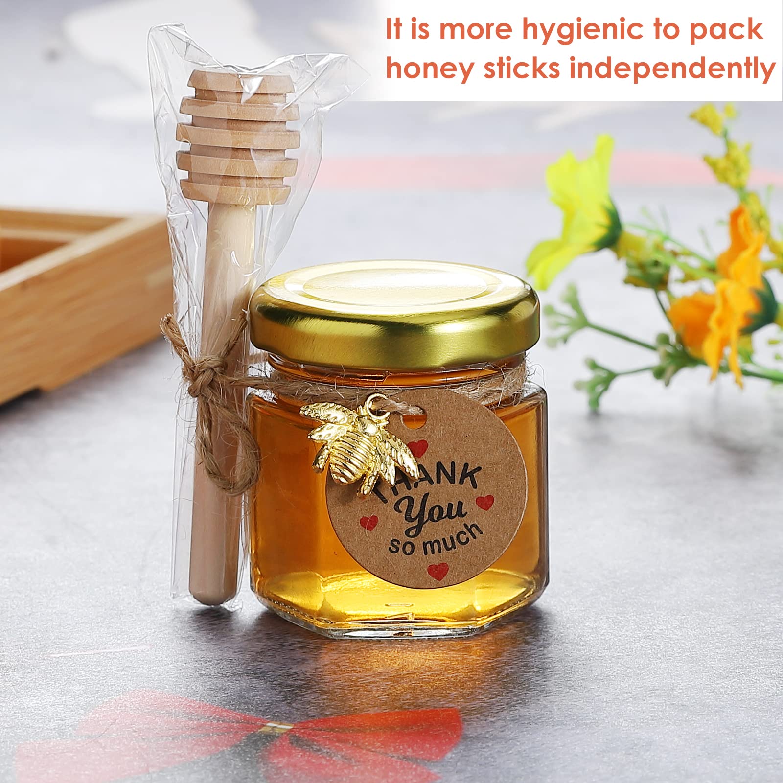 XING-RUIYANG Mini Honey Jars- with Wooden Dipper， 1.5 oz Hexagon Glass Mason Jars with Golden Lids, Gold Bee Pendants, Decorative Jute for Wedding, small hang tags-Baby Shower, Party Favors (24)