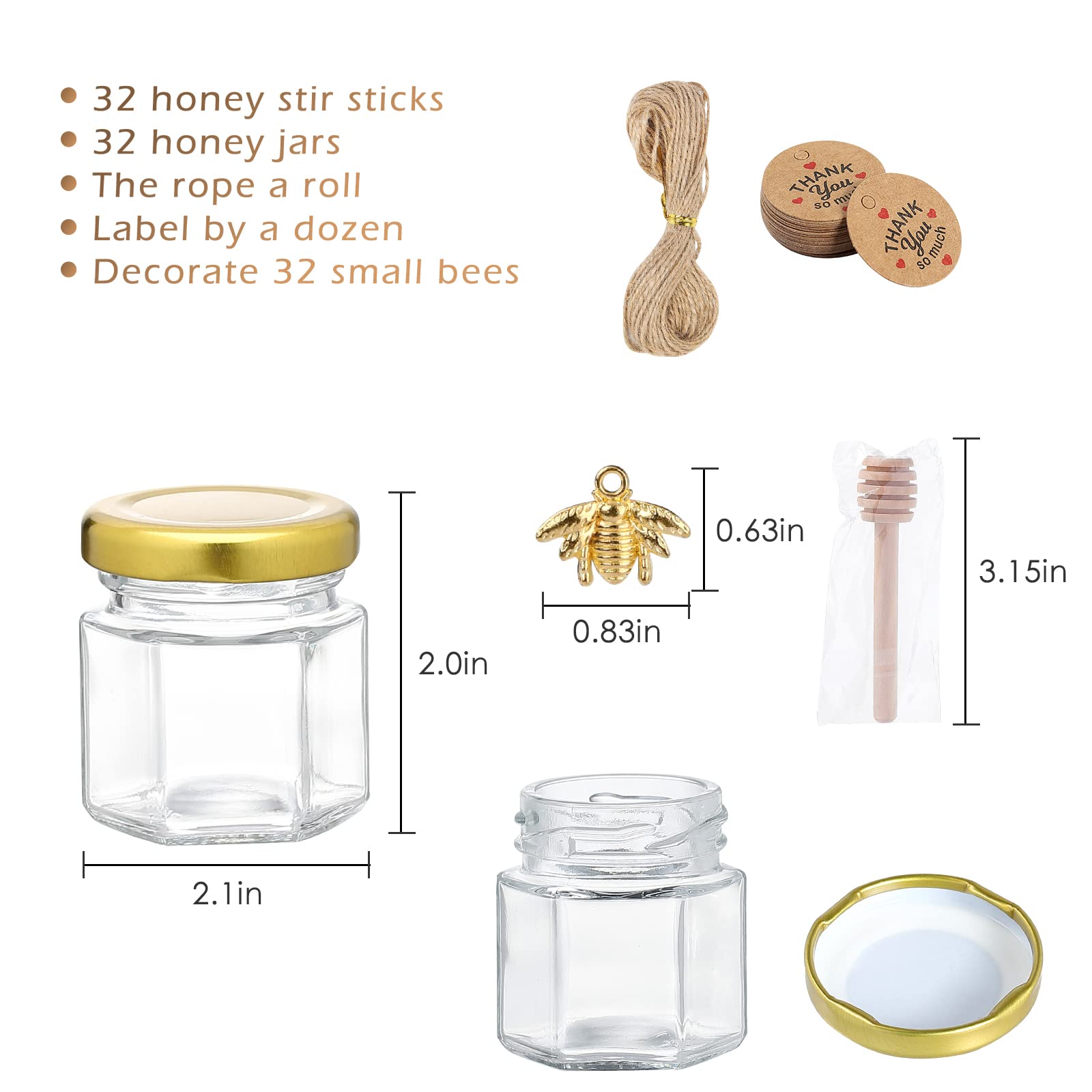 XING-RUIYANG Mini Honey Jars- with Wooden Dipper， 1.5 oz Hexagon Glass Mason Jars with Golden Lids, Gold Bee Pendants, Decorative Jute for Wedding, small hang tags-Baby Shower, Party Favors (24)