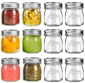 12pack mason jars 8oz with airtight lids and bands - regular mouth glass canning jars, small half pint mason jars for preserving, pickling, honey, jam, jelly, kitchen spice jars, diy gift