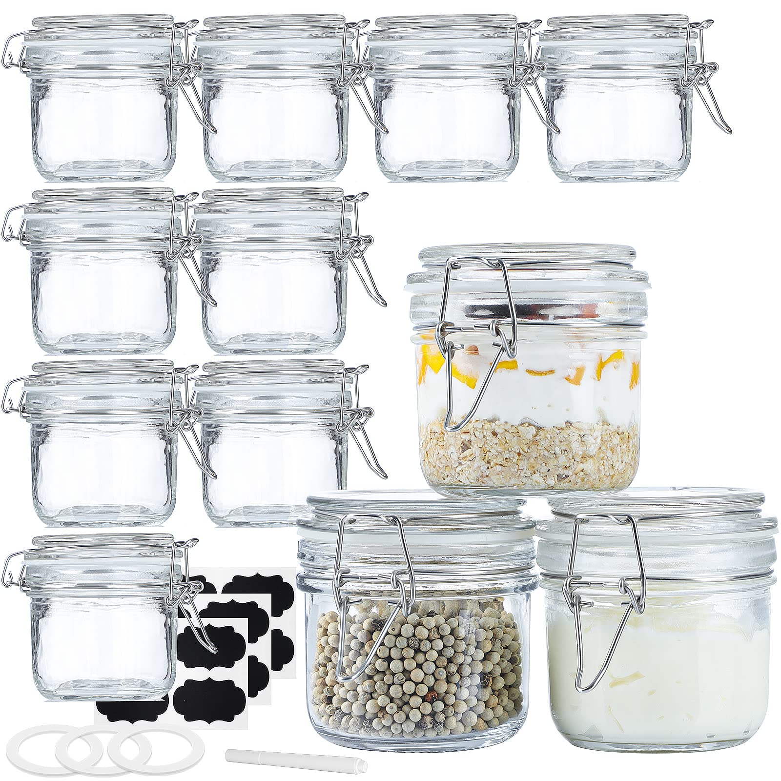 Folinstall 7 oz Glass Jars with Airtight Lids 12 Pcs, Small Mason Jars with Hinged Lids for Kitchen Storage, Canning and Pantry, Includes 3 Replacement Silicone Gaskets and Chalkboard Labels