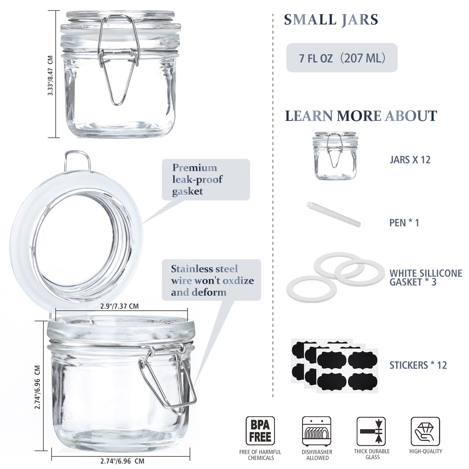 Folinstall 7 oz Glass Jars with Airtight Lids 12 Pcs, Small Mason Jars with Hinged Lids for Kitchen Storage, Canning and Pantry, Includes 3 Replacement Silicone Gaskets and Chalkboard Labels